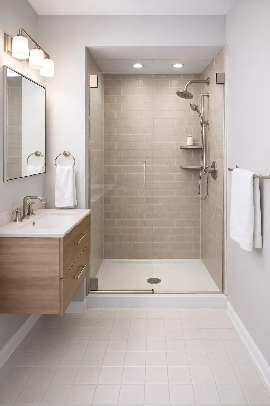 5-after - Modern taupe tile shower with floating wood vanity