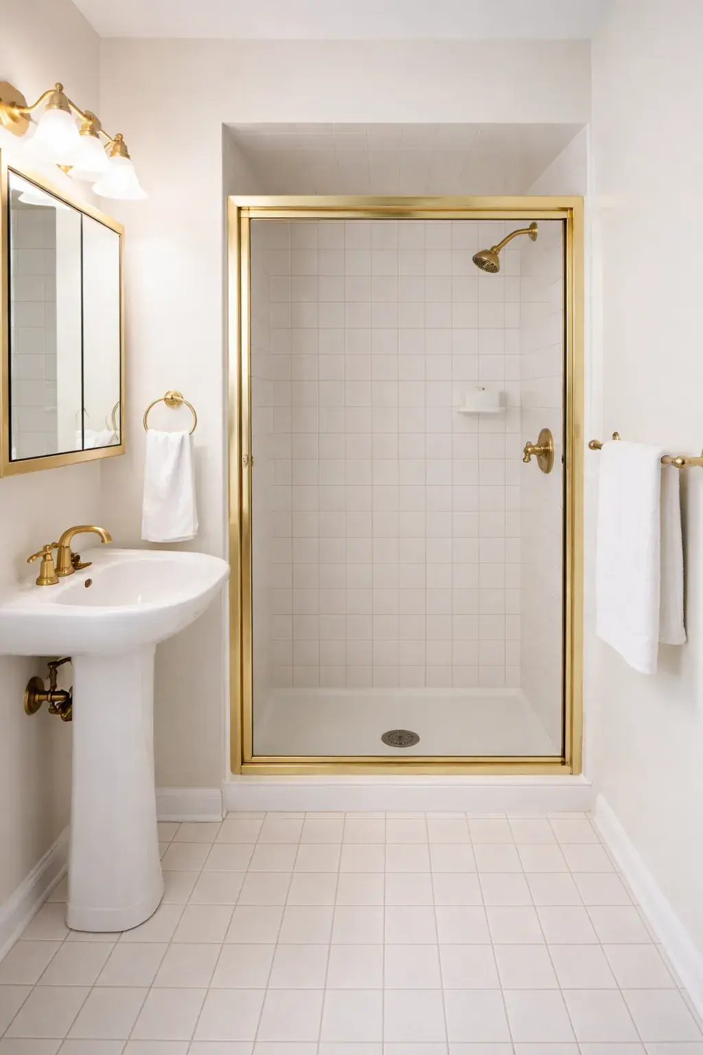 5-before - White tile shower with brass frame and pedestal sink