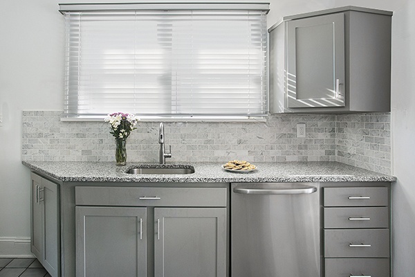 Gray Kitchen with Granite Countertops in White Sparkle