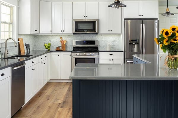 white and blue kitchen design